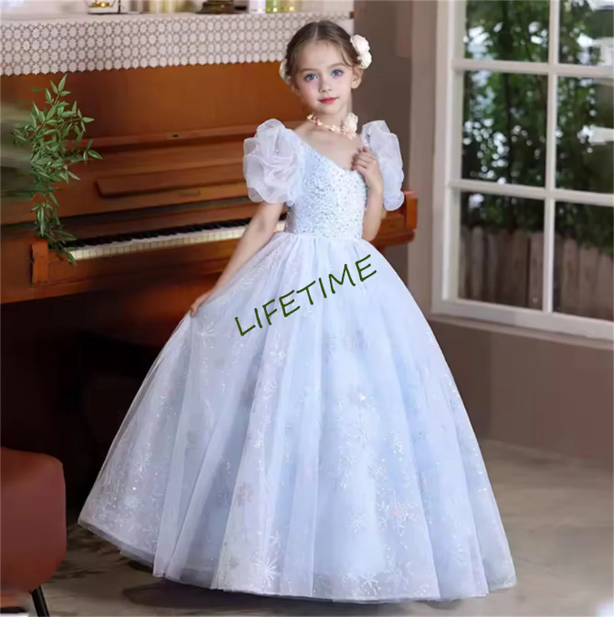 Vestido azul de lentejuelas de lujo personalizado para niña, vestido largo de encaje con cuello en V para princesa, cumpleaños, boda, fiesta, desfile, vacaciones