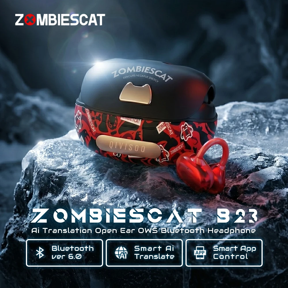 Audífonos Bluetooth 6.0 OWS con Diseño de Grafiti Zombi Cat B23, Auriculares con Clip para la Oreja, Traducción por IA, Auriculares Inalámbricos TWS con Aplicación Inteligente
