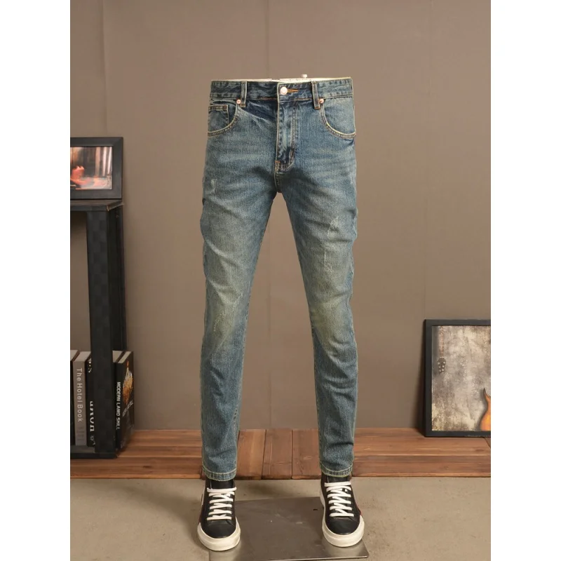 Vintage Jeans Men's Fashion Street Slim Fit Skinny Elastic Trend Nostalgic High-End All-Match Casual Men's Trousers