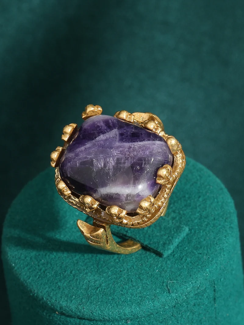 Retro Noble Purple Square Natural Stone Rings for Women Prong Setting Wedding Bands Vintage Antique Jewelry Party Copper 2024