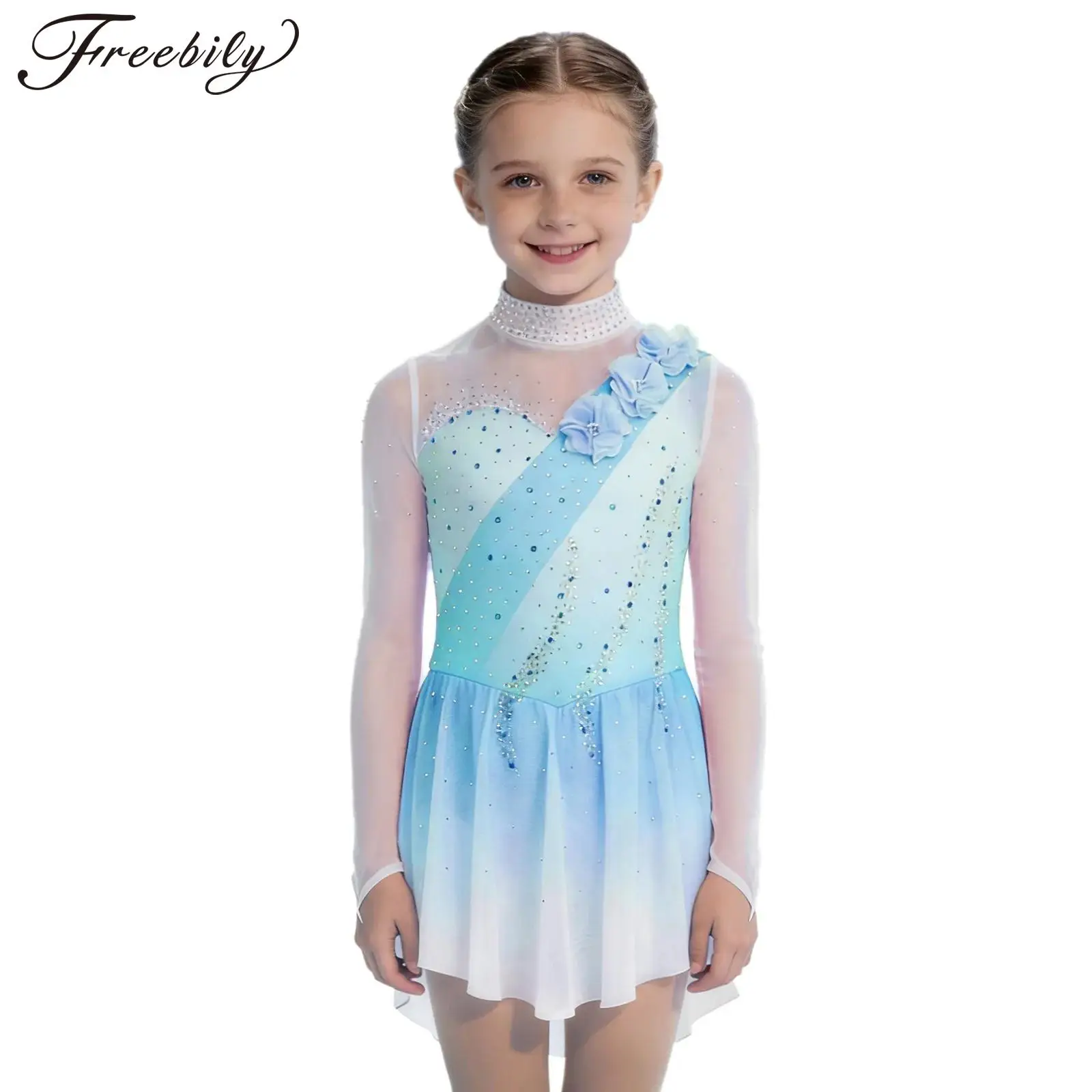 

Детское прозрачное сетчатое платье с длинными рукавами и блестящими стразами для фигурного катания на коньках, гимнастика, акробатика, балетный танцевальный купальник, танцевальная одежда