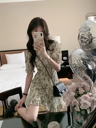 Vintage V-Neck Printing Butterfly Sleeve Mini Dresses for Women Party Elegant Streetwear Slim Bodycon Dress Korea Summer 2023