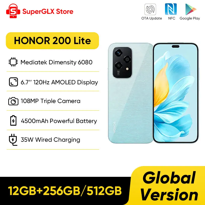 2024 글로벌 버전 HONOR 200 라이트, 256GB ROM, 5G 스마트폰, Mediatek Dimensity 6080, 6.7 인치, 90Hz AMOLED 디스플레이, 108MP 메인 카메라 