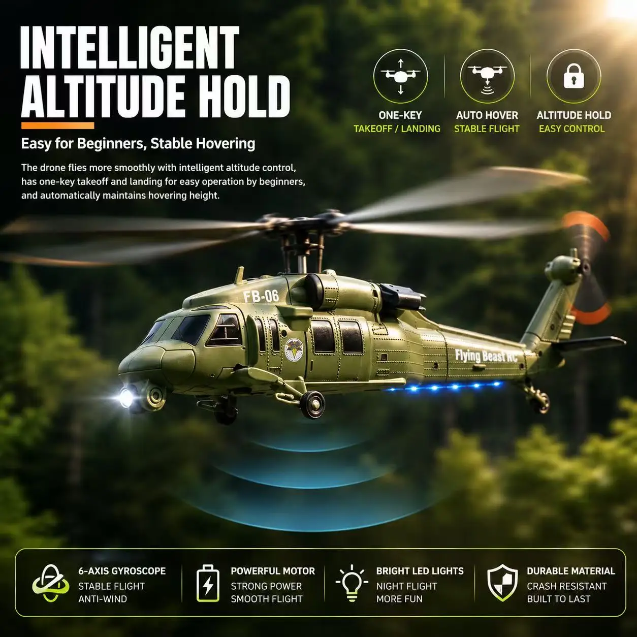 Black Hawk FB‑06 RC 4‑CH Single‑Rotor Helicopter, Optical Flow Positioning, Simulation Combat Model Toy Gift