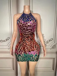 Multi-color Rhinestone Chain Slit Mini Dress Women Evening Party Birthday Prom Sexy Fashion Short Outfit Singer Dance Stage Wear