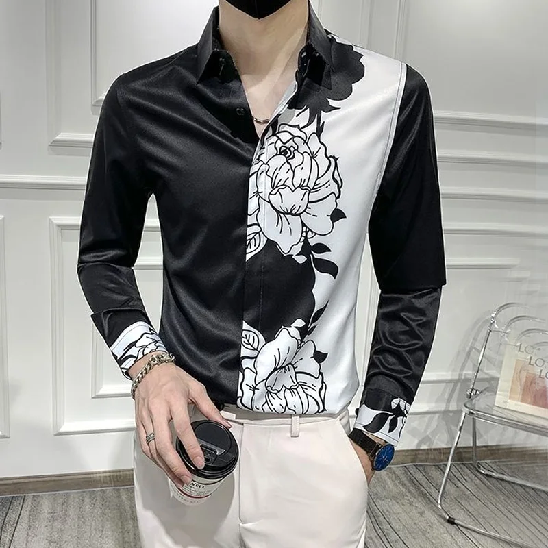 Turn-down Collar Formal Business Temperament Button Printing Asymmetrical Spring Summer Thin Men\'s Clothing Fashion Casual Loose