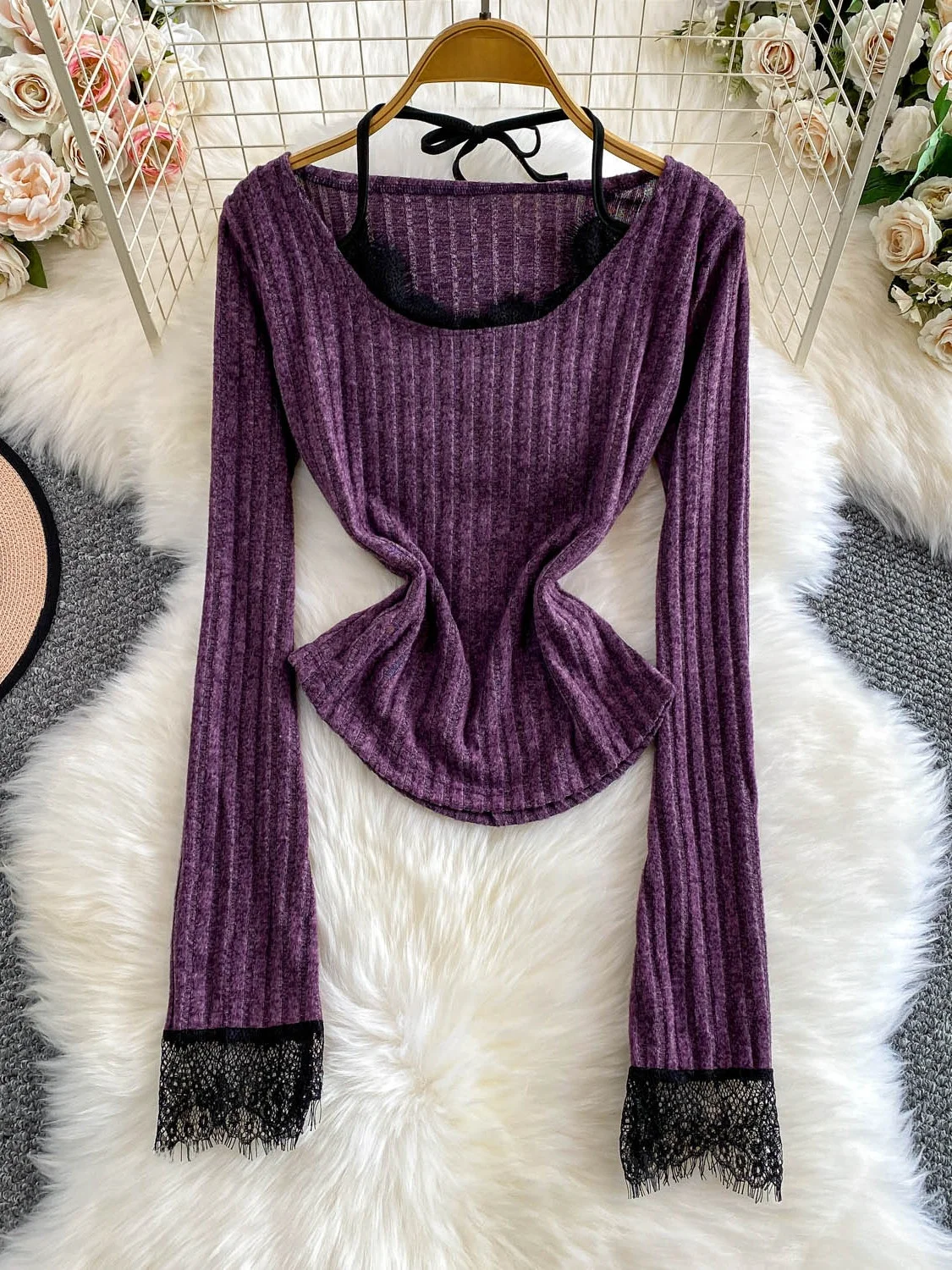 

Sexy Lace Ne Knitted Long Sve T-irt Women's Slim Fit round Ne Top Pure Desire Girl Autumn Faion Casual Comfortable