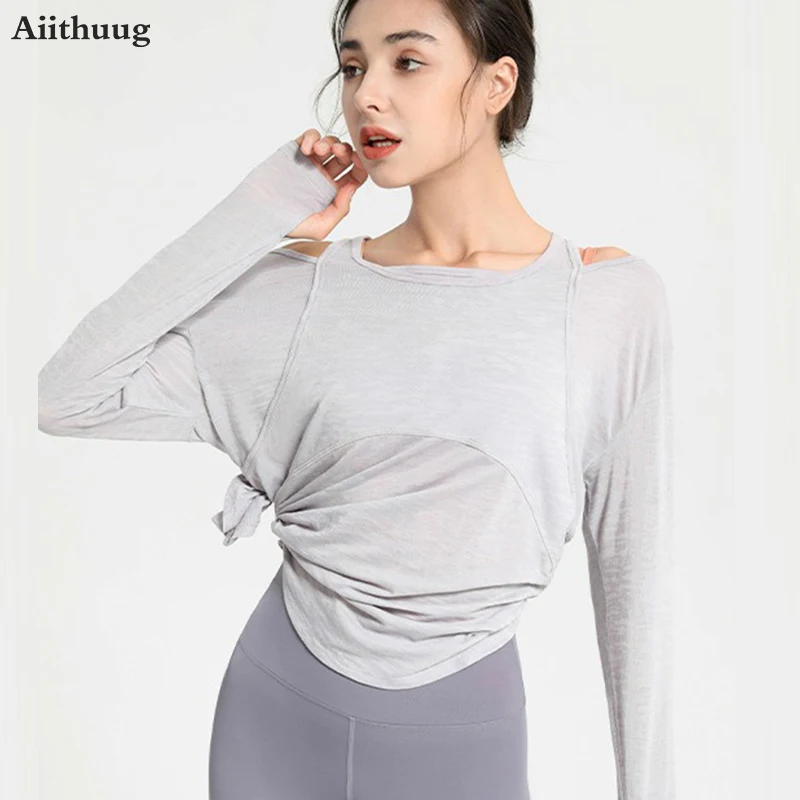 

Aiithuug Two-piece Loose Fit Yoga Cover-up Thumbholes Soft Long Sleeved Shirts Women's Quick Drying Fitness Breathable Yoga Tops