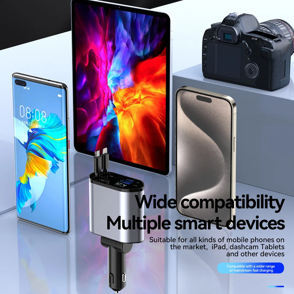 120W 4 IN 1 Retractable Car Charger USB C Cable For IPhone Huawei Samsung Fast Charge Cord Cigarette Lighter Adapter PD QC3.0