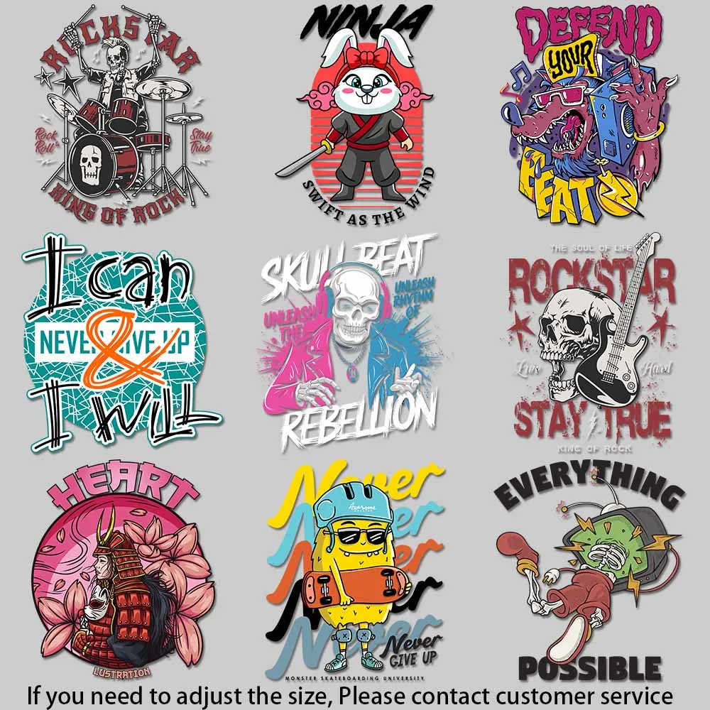Street Style Iron-On Transfers - Punk Skull, Cartoon Character, Lady Rocker for T-shirt & Totes, Easy to Apply