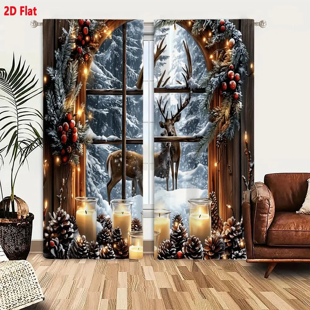 2Pcs Curtains 2D Flat Cozy Winter Scene With Deer And Festive Window Garland Window Drapes for Bedroom Room Decor Decoration Win