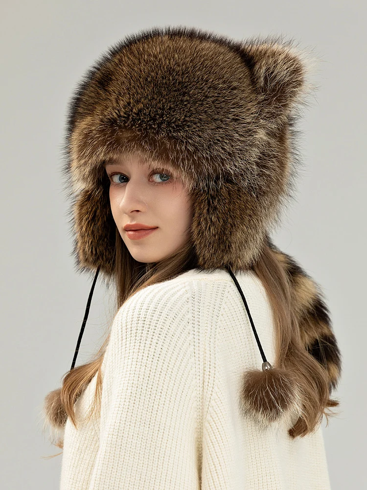 real-fur-bear-hat-winter-warm-ear-protection-parent-child-cap-children's-fur-hat-round-top-no-brim-casual-sle-for-travel