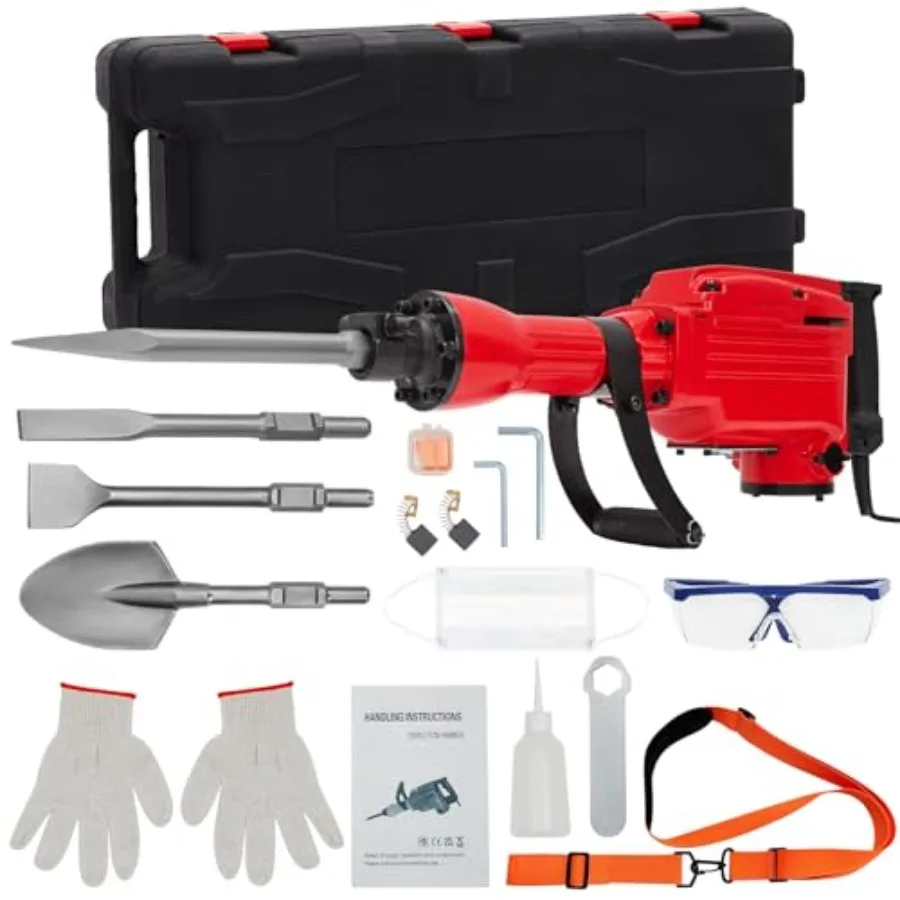 

Heavy Duty 2200W Electric Jackhammer 1700 BPM Concrete Breaker with 4pcs Chisels Bit Chipping W/Case Gloves for Demolition Appl