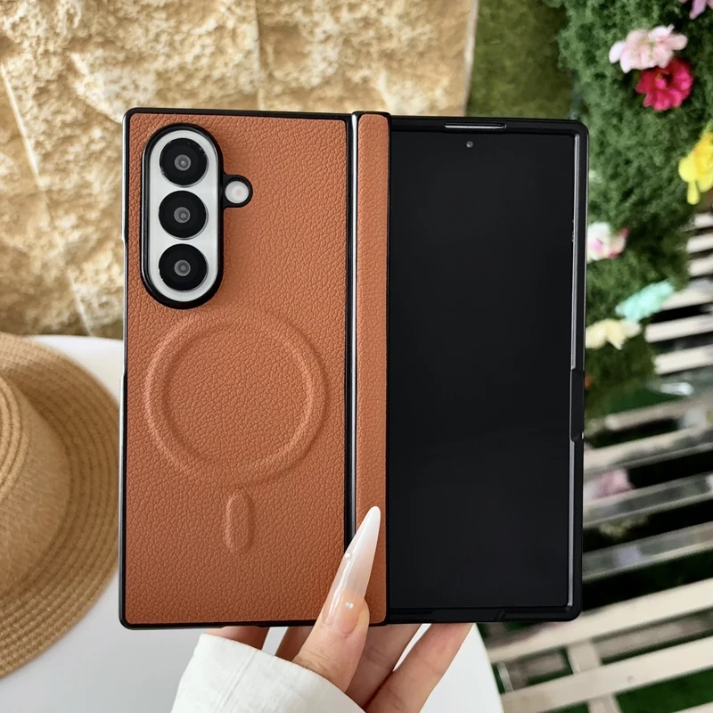 For Magsafe Case for Samsung Galaxy Z Fold 8 Ultra Fold 8 7 6 5 Luxury Magnetic Lychee Pattern PU Leather Non-Slip Folding Cover