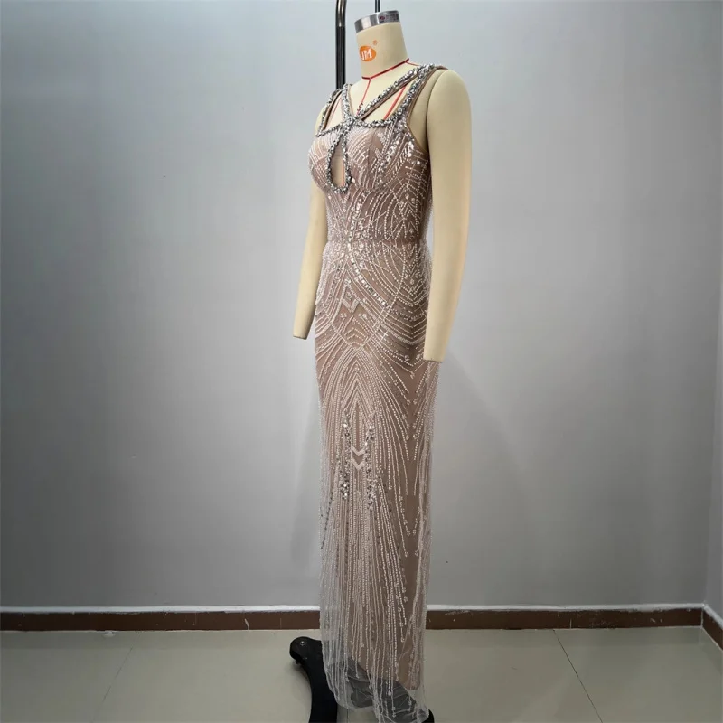 جديد وصول رائعة الترتر التطريز مثير المنخفضة قطع الجوف خارج أكمام Bodycon الشمبانيا فستان هوت كوتور ثوب مسائي