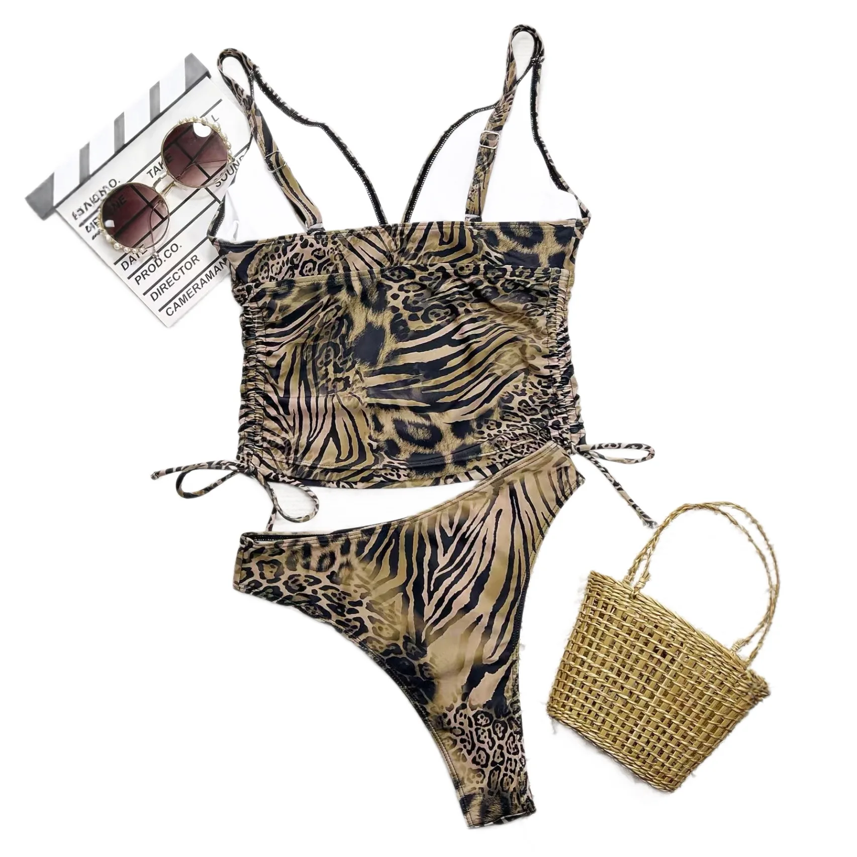 Brown Leopard Print One Piece Swimsuit Sexy Deep V Neck Backless Cut Out Monokini 2026  Beach Swimwear for Women