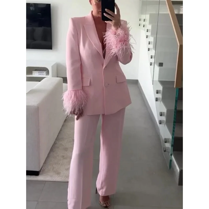 Women's Summer Fashion Feather Pink Suit Lapel Long Sleeve Jacket High Waist Pocket Casual Commuter Pants