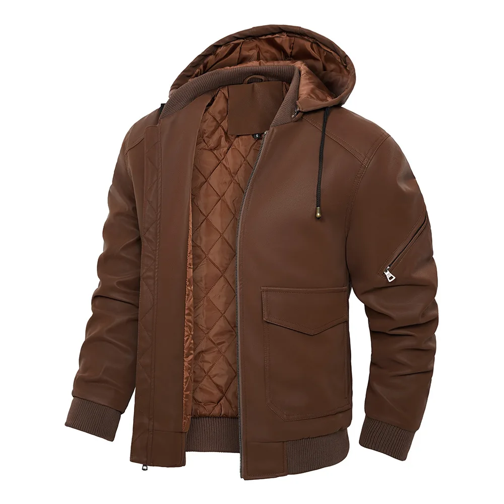 Men Leather Jacket Winter Retro Thicken Cold-proof Solid Color Man Coat Long Sleeve Pocket Male Detachable Hooded Outerwear