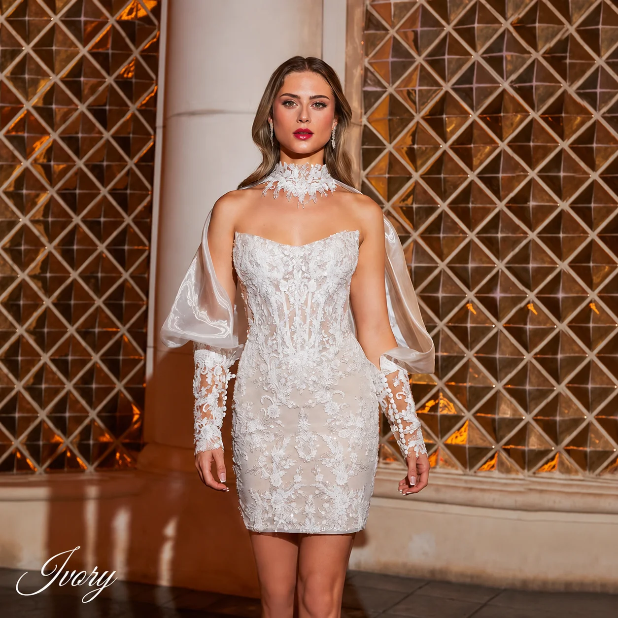 Luxury Mermaid Mini Lace Appliques Wedding Dresses Detachable Long Train Pleated High Neck Sexy Open Back With Button Customized