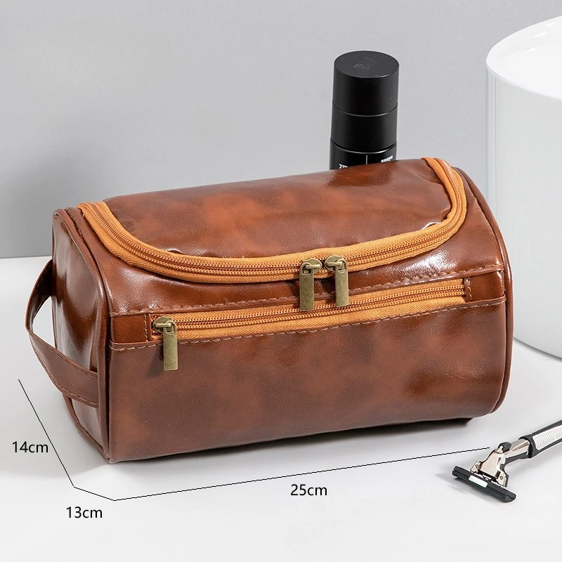 Leather Travel Toiletry Bag for Men Women, Large Capacity Cosmetic Organizer with Hanging Hook, Waterproof Makeup Storage Bag Po