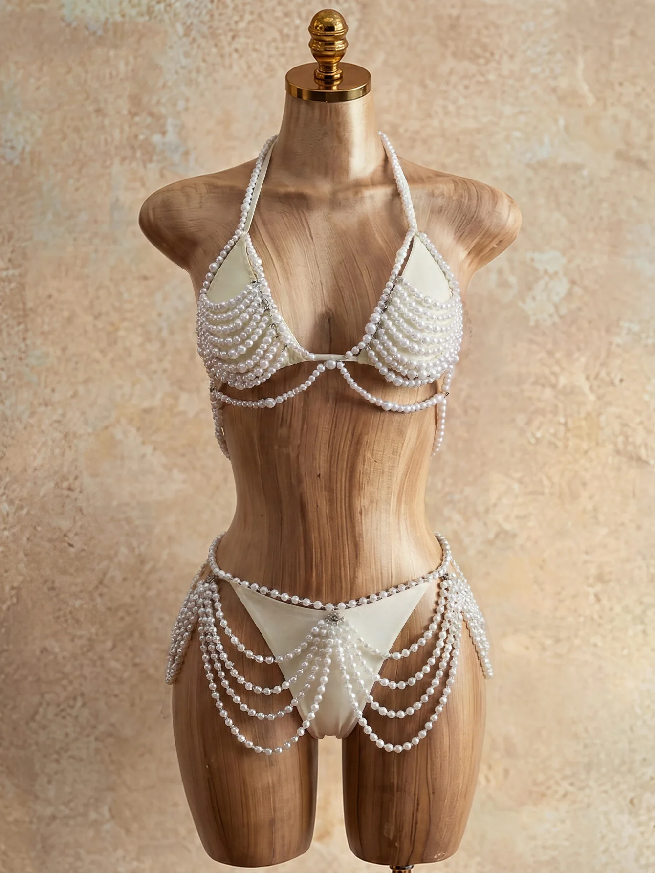 Women Sexy White Pearls Bikini 4 Piece Set Lace Up Halter Bra + Body Chain + Briefs + Waist Chains Beaded Cover Up Bathing Suits