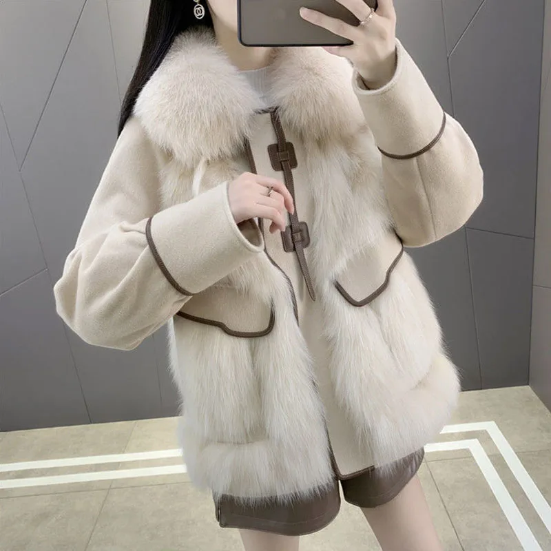 Winter Faux Fox Fur Coat Women Down Jacket Suede Fabric Splice Overcoat New Woolen Coat Filler Warm Parkas Thicken Short Coats