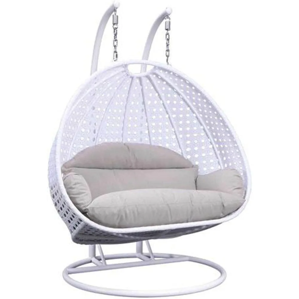 2 Person Hanging Double Swing Chair, X-Large White Wicker Rattan Egg Chair with Stand and Cushion for Indoor Outdoor