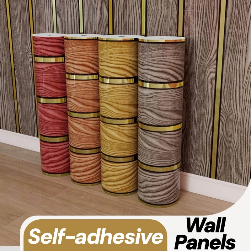 Self-Adhesive Faux Wood Wallpaper with Metallic Gold Accent Stripes, Removable Waterproof Wall Panel for Home Decor Stickers