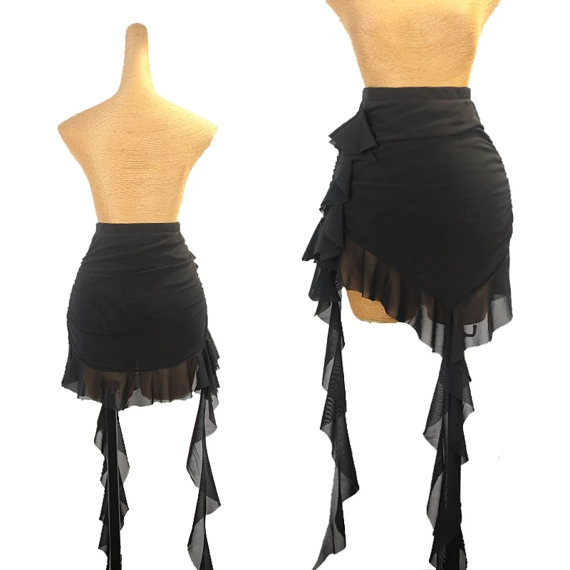 Vêtements d'entraînement pour femmes adultes, vêtements de danse Cha Rumba, jupe de danse Salsa noire à fleurs, jupe de danse latine irrégulière