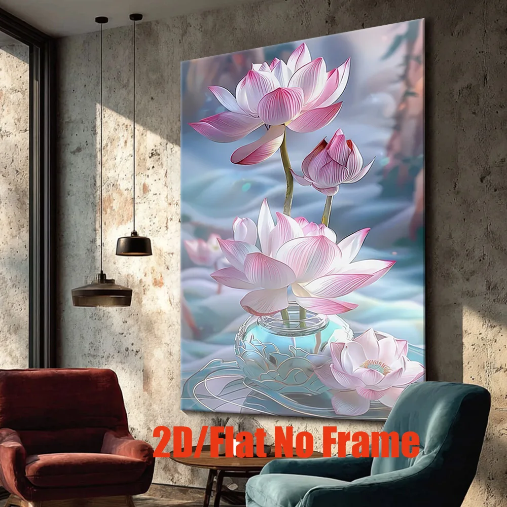 2D Flat, 2D Flat []1pcs, Canvas painting--Unframed, There are pink flowers on the vase, Posters and prints, living room, libr