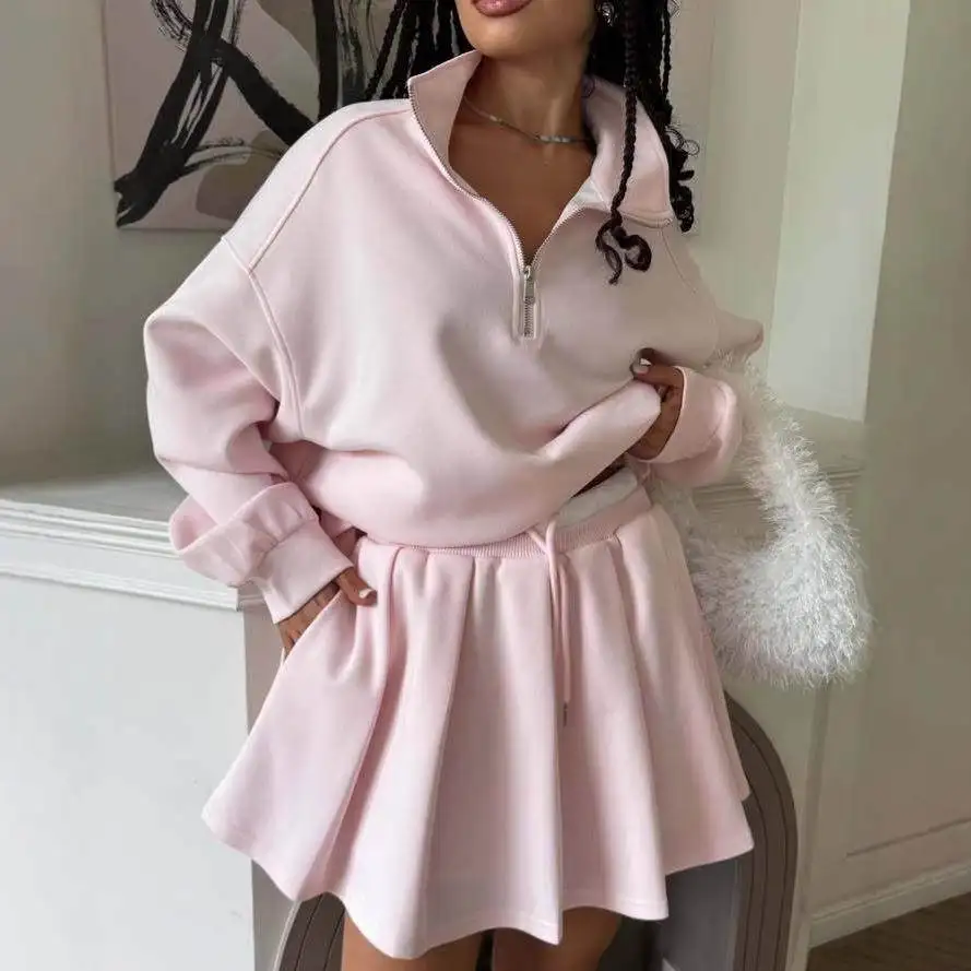 

Faionable Casual Spor Women's Two-Piece Set Zipper Cardigan Jaet ort Skirt Street Sle Pure Color Low Waist PVC PU