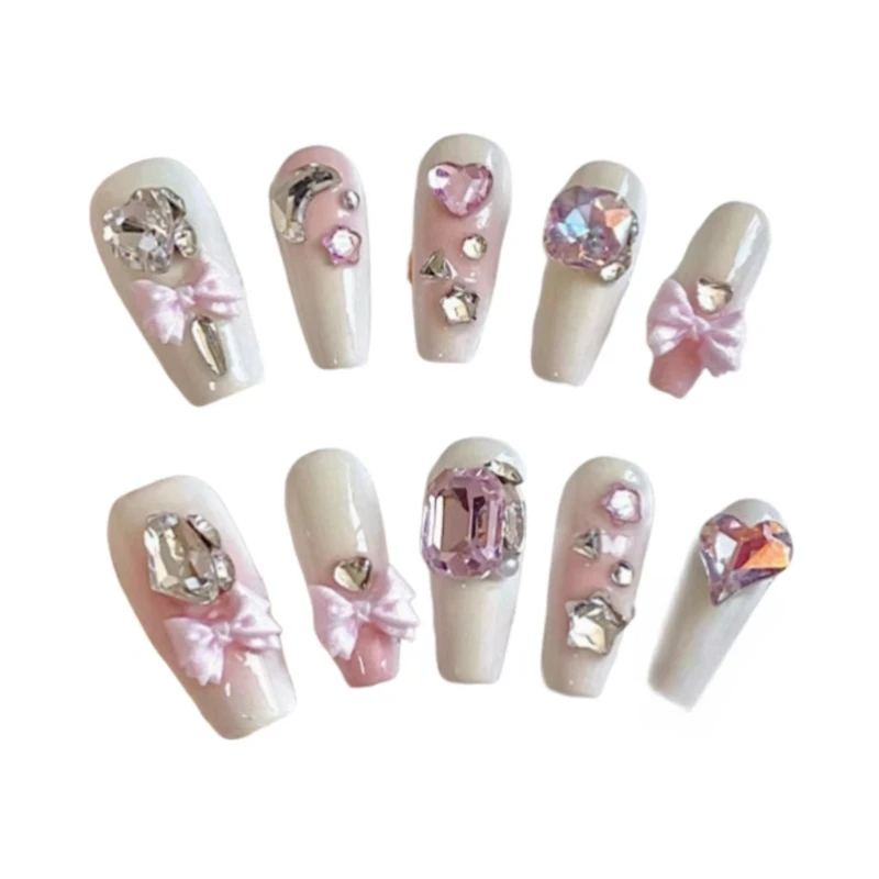 Witte perzik vol diamanten Super glitter ijs nep nagelpatches roze gradiëntboog handgemaakte pers op nagels kunstnagels