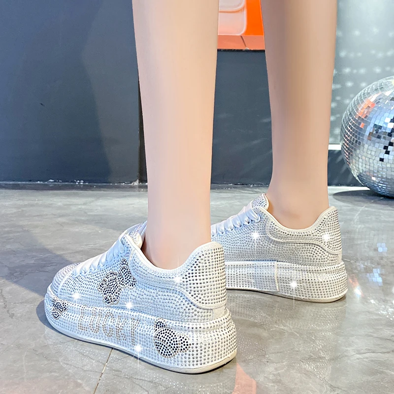 5CM Spring Autumn Genuine Leather Women Shoes Style Fashion Platform Shoes Platforms Sneakers Tide Shine Bling Rhinestone Shoes