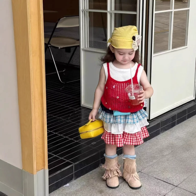 

2026 Summer New Children's White Cotton Tank Top Knitted Small Flower Strap and Checkered Cloth Short Skirt 3-Piece Set