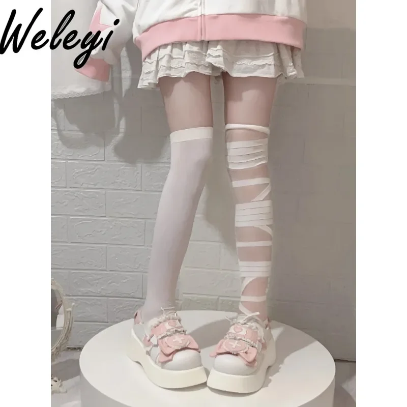 Kawaii Jirai Kei Lolita Shoes for Women Gothic Autumn New Round Head Lace Up Medical Department Cutecore Sweet Platform Shoes