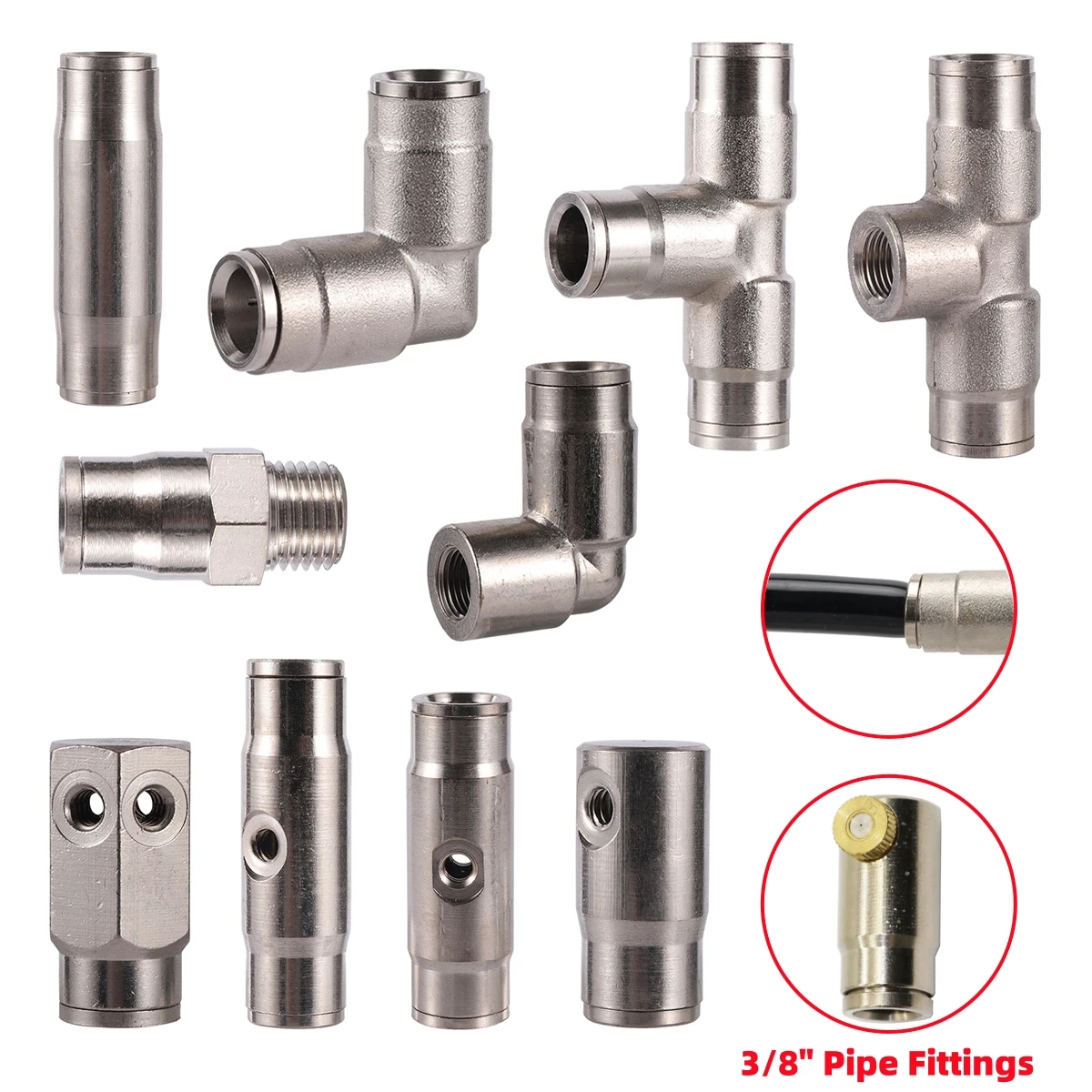 3/8'' Water Pipe Connectors Nickel Plated Copper Garden Atomization System Nozzle Seat Joints Straight/Elbow/Tee/End Plug 2Pcs