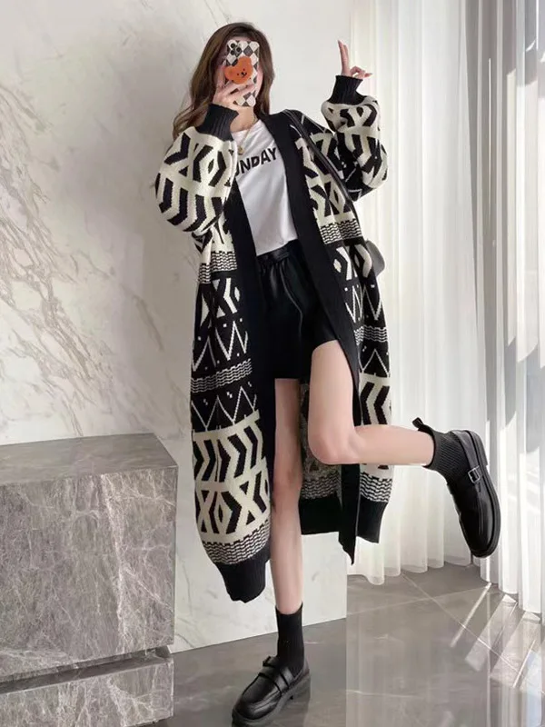 

Вязаный женский кардиган средней длины с V-образным вырезом в стиле ретро, весна-осень, новая верхняя одежда на одной пуговице с цветочным узором, длинная све