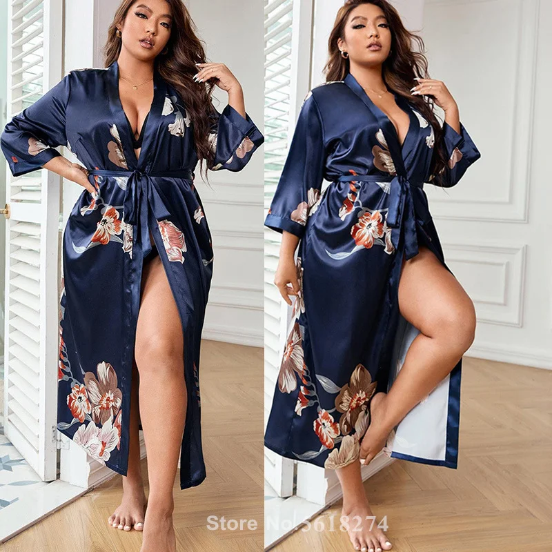 PLUS SIZE 5XL Sexy Love Print Flower Long Robe Nightgown Kimono Bathrobe Gown Elegant Sleepwear Women Satin Home Dressing Gown