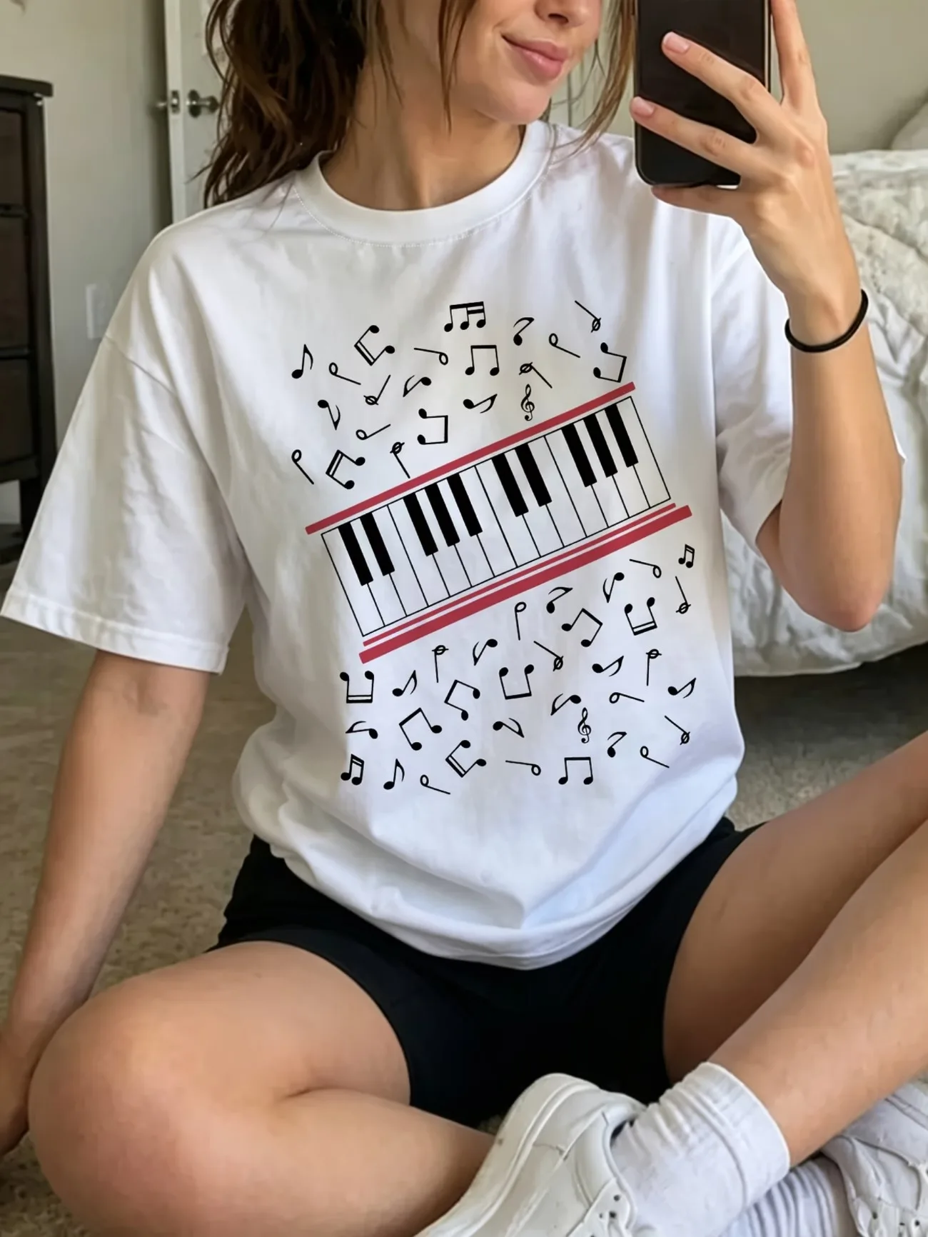 Women's Summer Short-Sleeve T-Shirt Piano Key Print Women's Spring/Summer Trendy Print T-Shirt, Fashionable Item Minimalist Tees