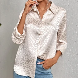 Vintage Elegant Women Lapel Satin Shirts Fashion Leopard Print Button Up Blouses Casual Office Long Sleeve Blusas 2025 New