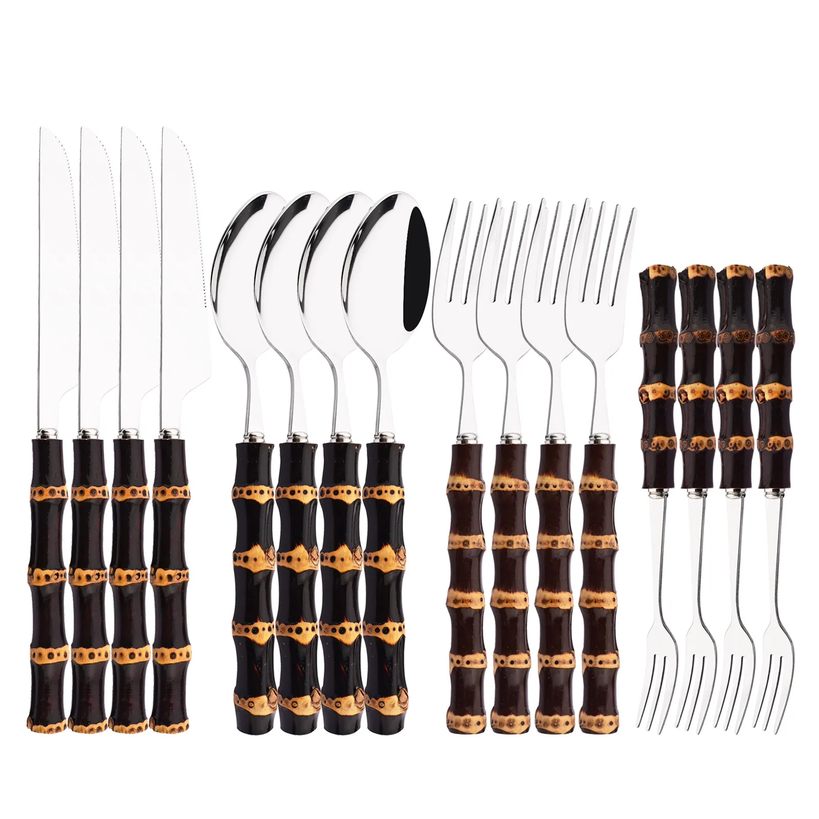 

16Pcs Bamboo Tableware Set Stainless Steel Bamboo Cutlery Set Purely Natural Handle Flatware Set Dinnerware Steak Knife Cutlery