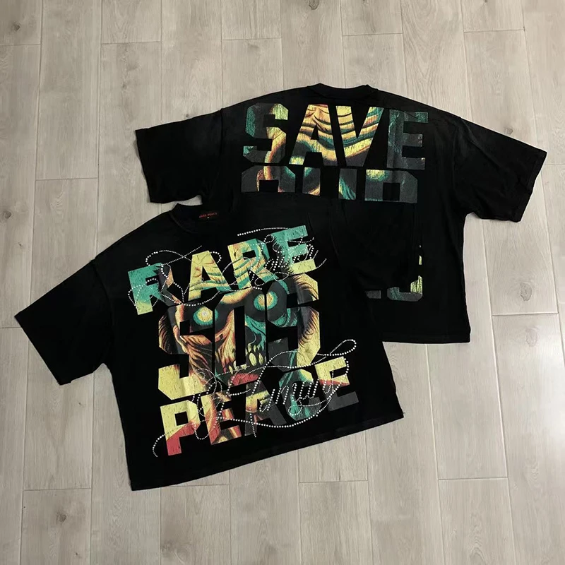 RARE PEACE T-shirt Save Our Souls Rhinestone Graphic T-Shirt Oversized Washed Short Sleeve Hip Hop Streetwear Fashion Top Men