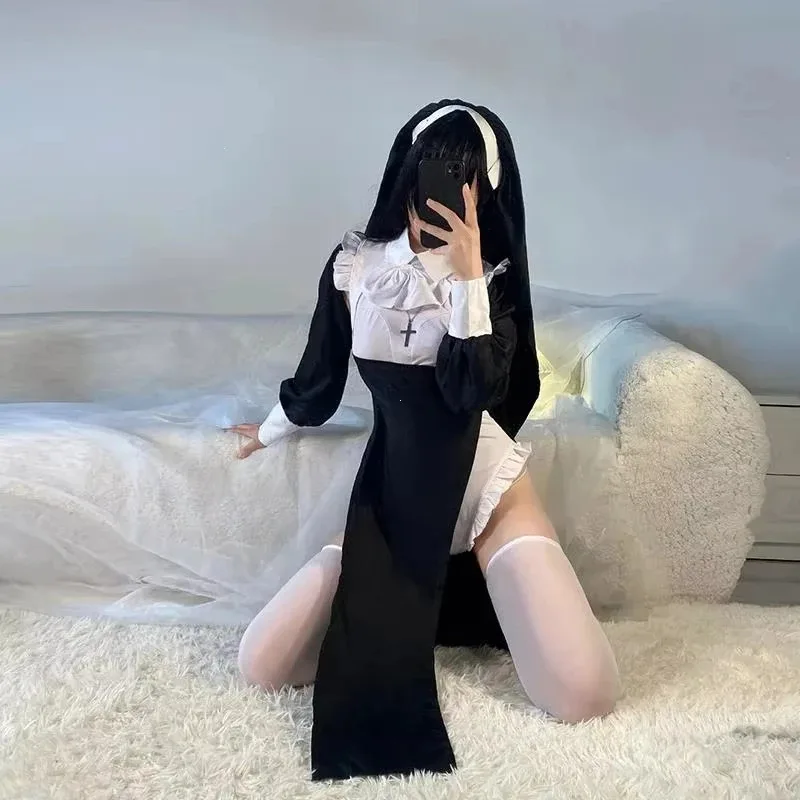 Disfraz de monja de Anime para mujer, disfraz de espectáculo, traje Sexy para actuación de Halloween, vestido elegante, uniforme de hermana Cos