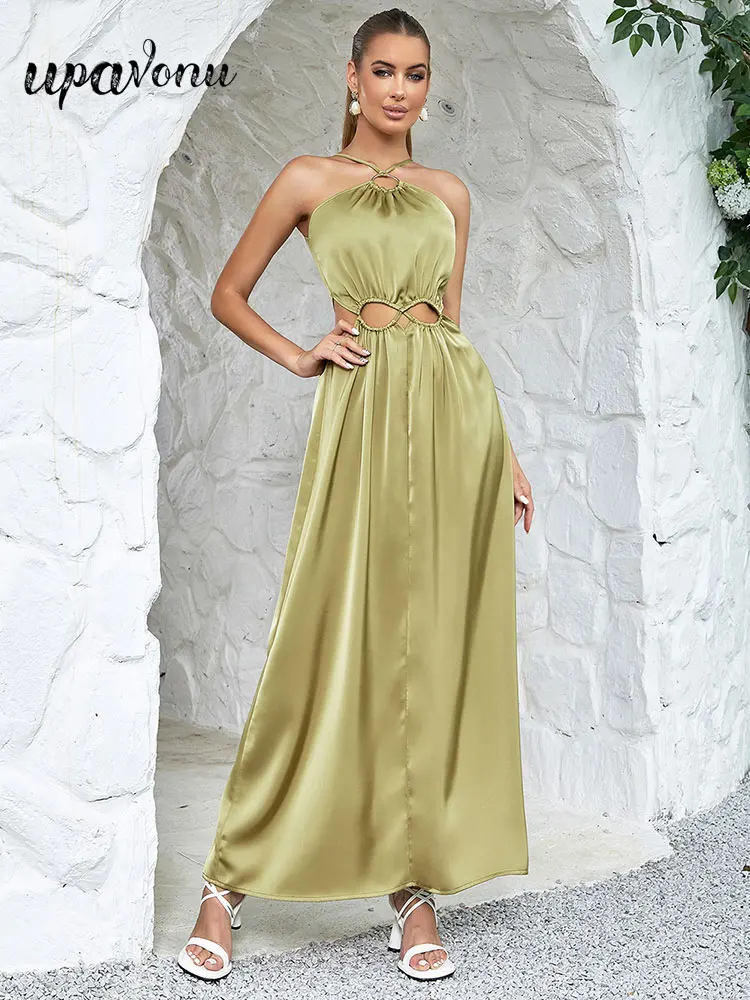 

Сексуальные женские летние атласные длинные платья на бретелях-спагетти без рукавов с вырезами дизайнерское свободное платье Макси Вечерние Клубные юбки