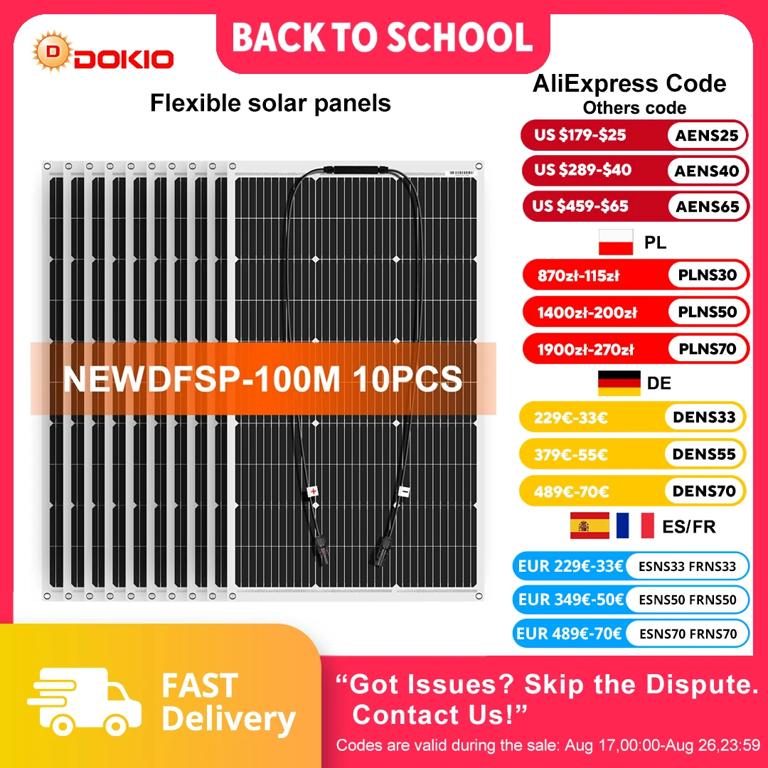 Dokio 18V 10pcs 100W Flexible Solar Panel Monocrystalline Solar Panel For Car/Home Waterproof Charge 12V 1000W Solar Panel