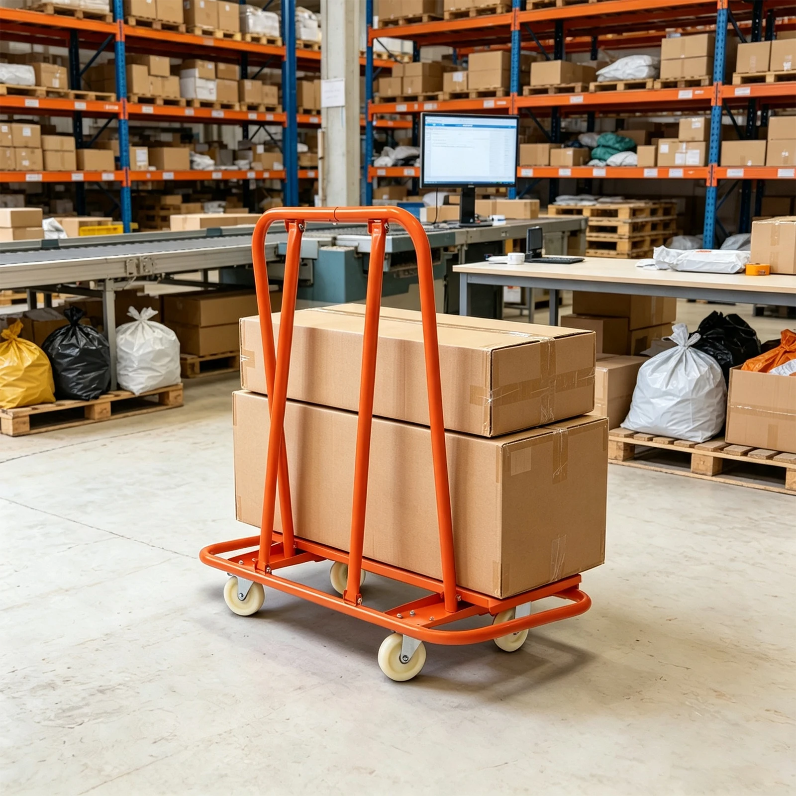 Drywall Cart, 2200LBS Heavy Duty Drywall Sheet Cart Q235 Steel 4 Nylon Universal Wheels with Brakes Orange Plasterboard Trolley Dolly for Sheetrock Panel Plywood Glass Transport