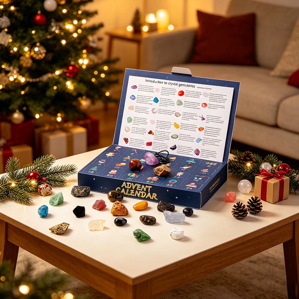 24-Day Christmas Countdown Advent Calendar with 24 Natural Raw Crystal Gemstones, Rock Mineral Specimen Assortment, DIY Collecti
