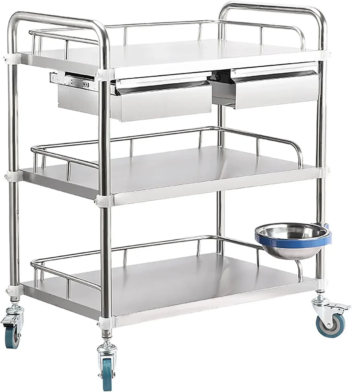 3-Tier Rolling Cart Stainless Steel Utility Cart with with Two Drawers for Teachers Larger Lab Serving Cart for Kitchen, Restaur