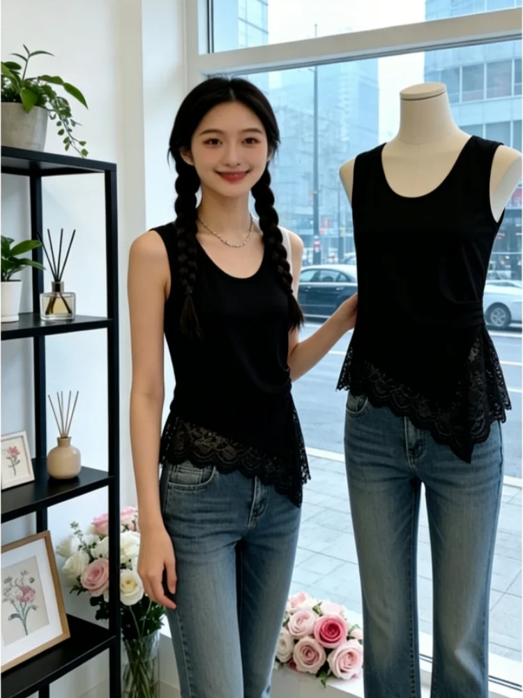 Lace Crop Top Women's Sleeveless Summer New Style Big Size Fat MM No Sleeve Inner Wear Outer Wear Base Shirt Simple Style Cot...