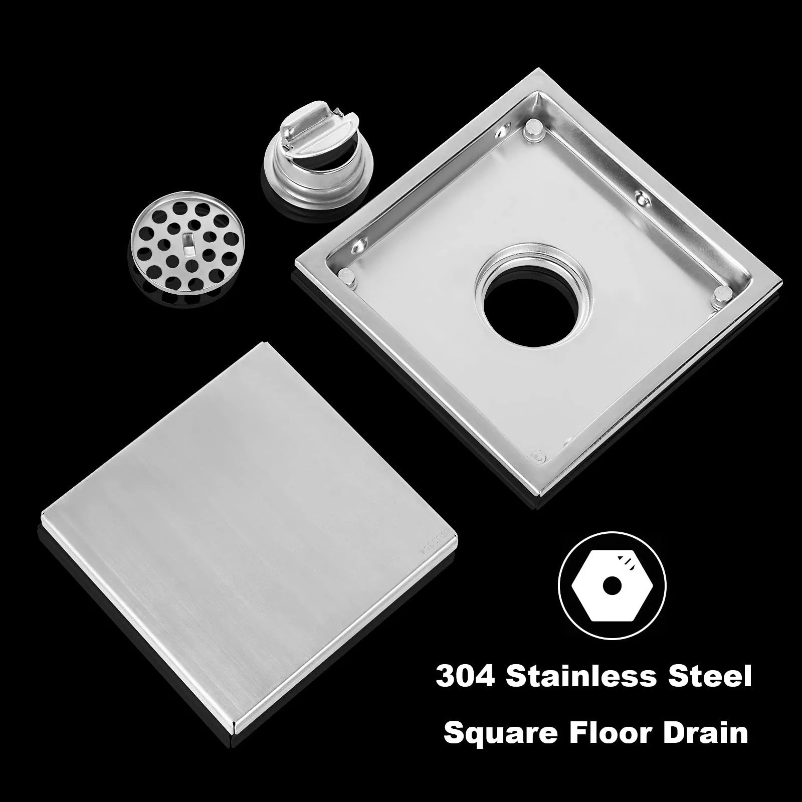 Square Shower Drain 10cm Brushed Tiled Insert Grate 304 Stainless Steel with Hair Strainer Stainless Drain for Bathroom